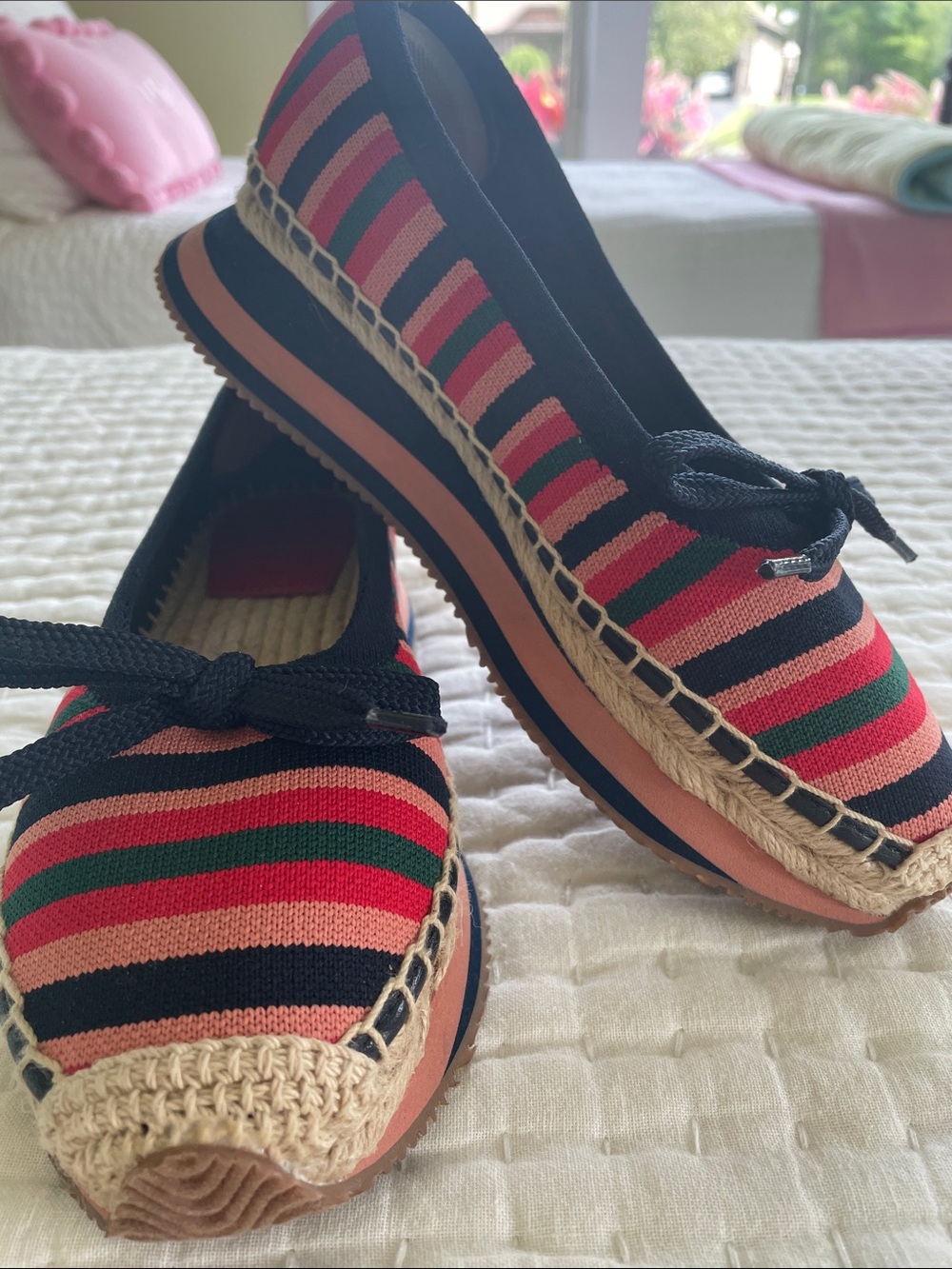 Tory Burch Pink, Red, Green and Navy Striped Espadrille Lace-Up Sneakers